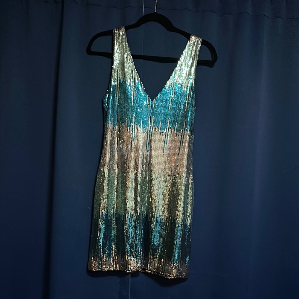Blue and Gold Sequin V-Neck Mini Dress
